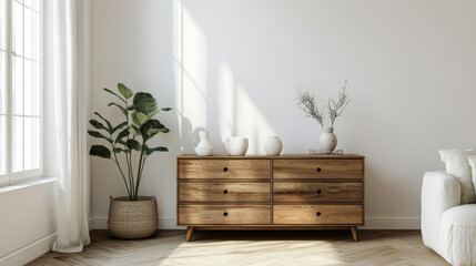 Fototapeta premium A simple, white living room with a wooden dresser holding a few stylish decorations. There's plenty of space for your own design ideas.