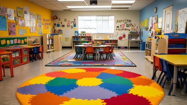 Colorful Playroom with Table and Chairs for Kids
