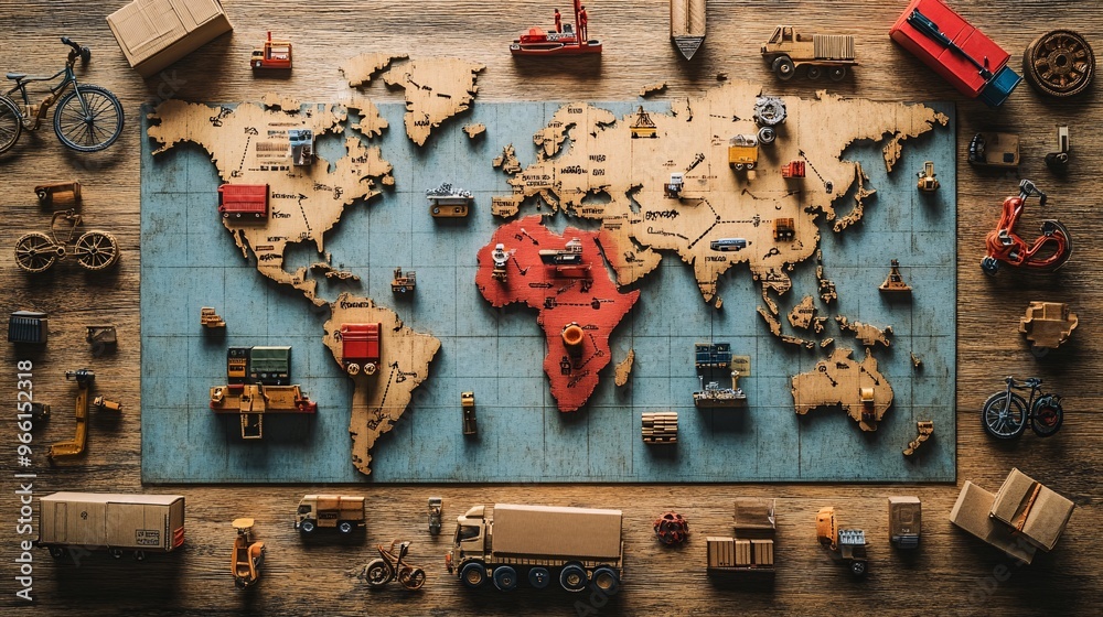 Poster Clay-style map with delivery route marked by arrows and icons of various transportation modes such as a truck and bike Large space for text in center Stock Photo with copy space
