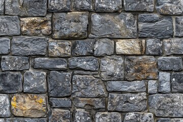 Obraz premium Textured coursed stone cladding wall made of various sizes of dark gray and black stones, some with hints of yellow and brown. 