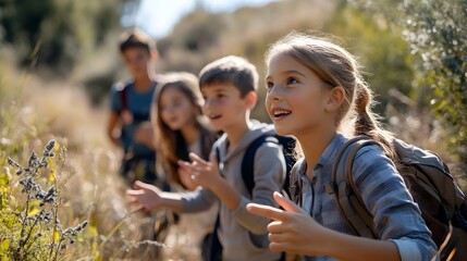 Obraz premium Happy Kids Hiking In Nature With Backpacks