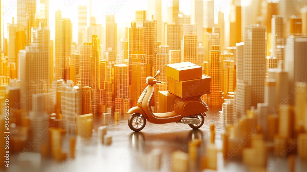 Poster colorful clay render of a scooter with a delivery box on the back zooming through a bright city scen