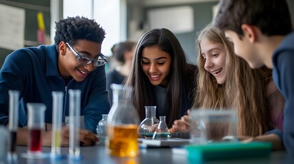 Diverse Students in Science Lab Chemistry Experiment Studying Together