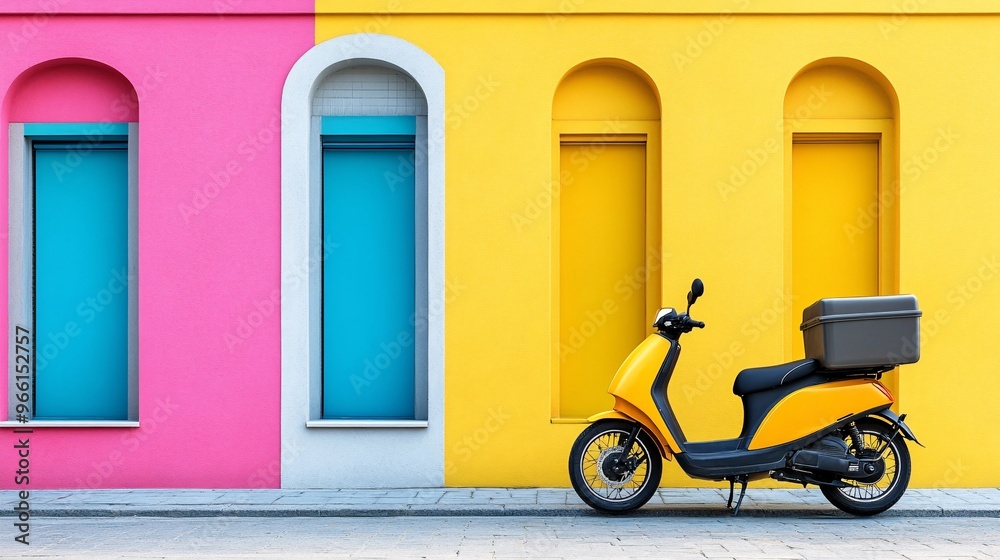 Poster clay-style delivery bike parked outside a brightly colored storefront as the courier prepares to mak