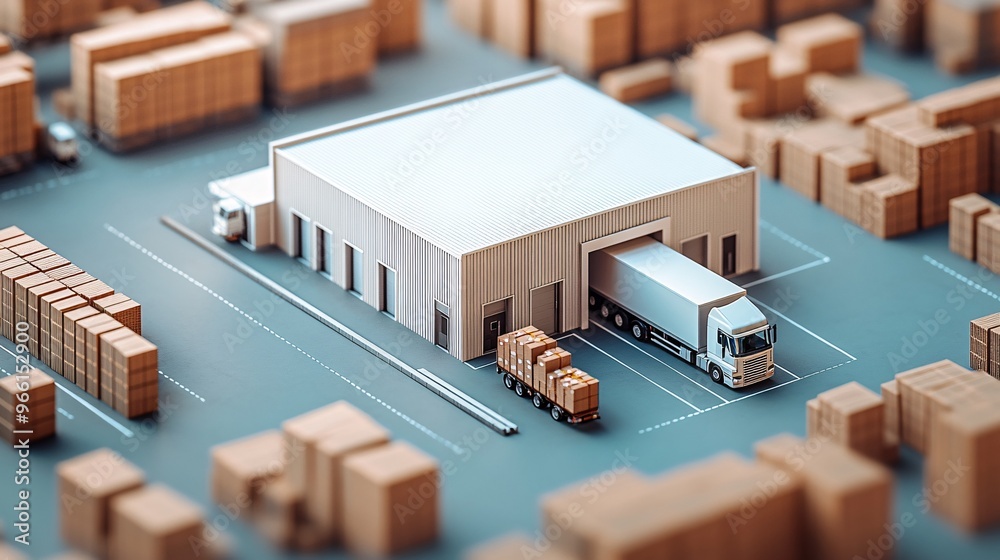 Poster clay-modeled warehouse scene with delivery trucks being loaded with packages ready for dispatch larg