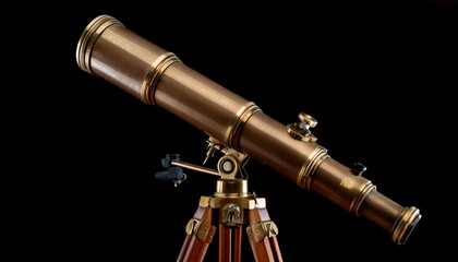 Vintage brass telescope on a wooden tripod, isolated on black background.