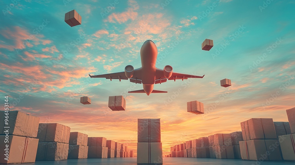 Poster clay-modeled airplane flying through a colorful sky with packages dropping down via parachutes large