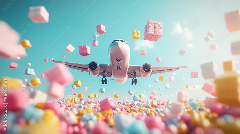Aufkleber Clay-modeled airplane flying through a colorful sky with packages dropping down via parachutes Large space for text in center Stock Photo with copy space