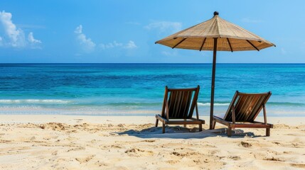 A beach scene with two umbrellas and two beach chairs