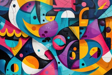A vibrant and colorful abstract graffiti mural featuring geometric shapes and bold colors like blue, yellow, pink, and black. The design includes curves and angles, creating a dynamic visual effect.