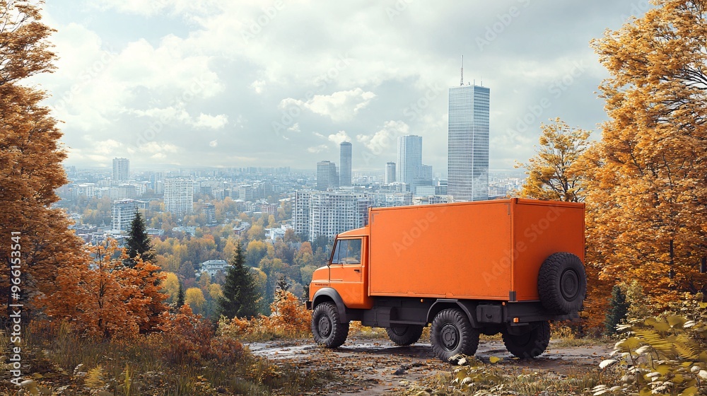 Poster 3d clay-style cargo truck driving through a rural area with a large city skyline visible in the dist