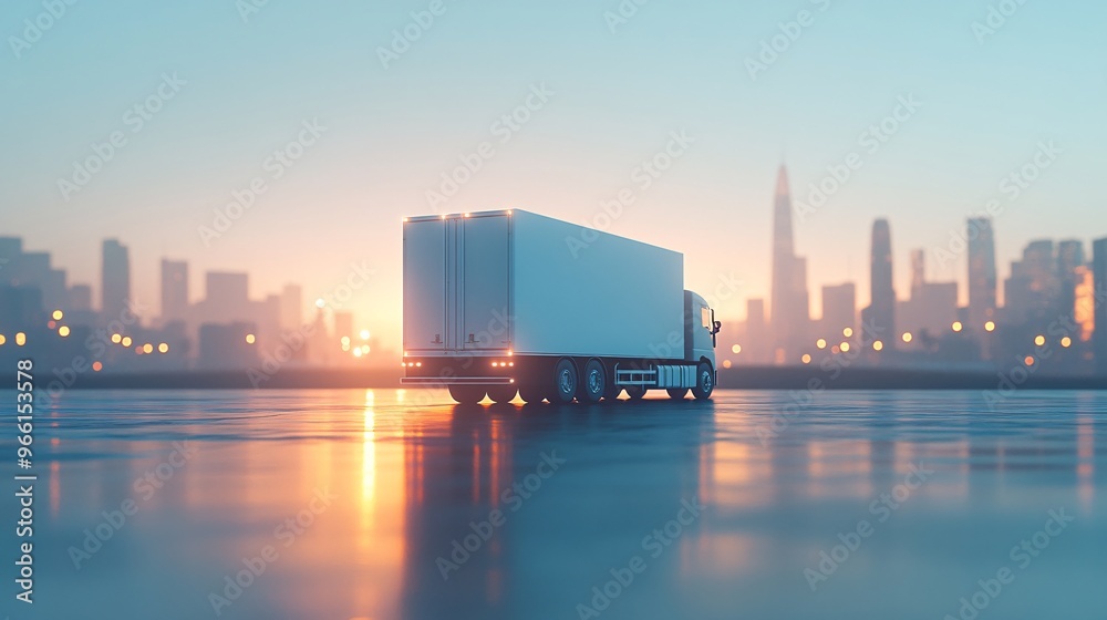 Poster 3d clay-style cargo truck driving through a rural area with a large city skyline visible in the dist