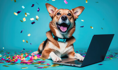 A dog wearing a blue collar sits in front of a laptop computer, with confetti falling around it