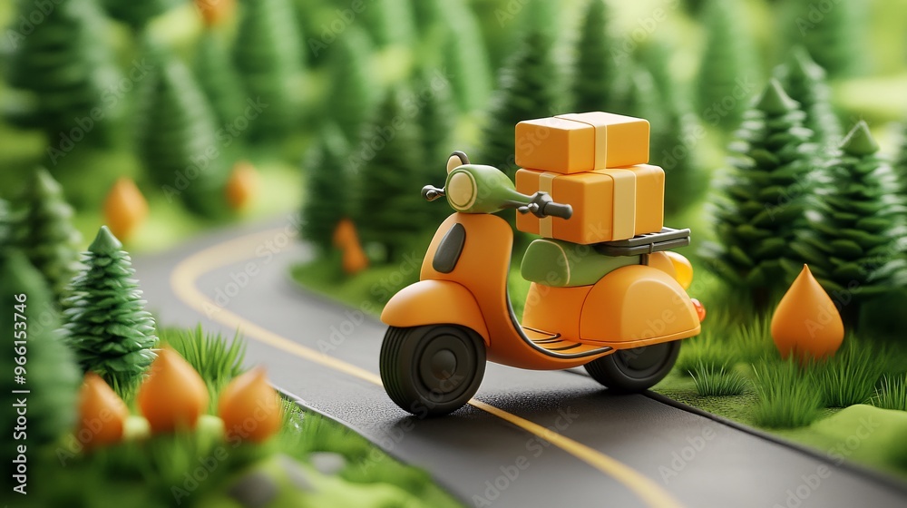 Aufkleber 3D clay-style delivery motorbike with a large package on the back speeding down a road with tall clay trees lining the side Large space for text in center Stock Photo with copy space