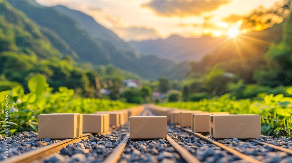 Poster clay-modeled train filled with parcels and packages traveling across the countryside with mountains 