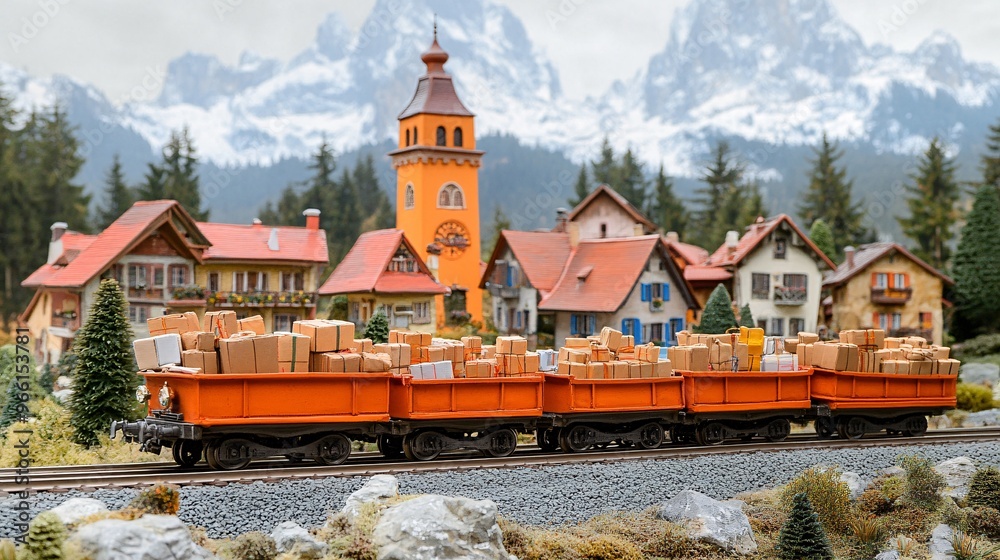 Aufkleber clay-modeled train filled with parcels and packages traveling across the countryside with mountains 