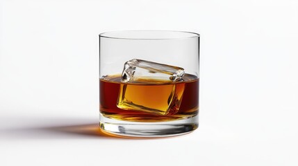 A classic glass of whiskey with a single large ice cube, set against a white backdrop, highlighting the rich amber color and the elegance of the drink.