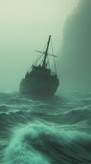 Fototapeta premium Stormy Night at Sea: Fishing Boat Battling Turbulent Waves in Misty Darkness. Cinematic Atmospheric Scene with Reflections and Wide-Angle View. Ideal for Marketing Campaigns and 4K Wallpapers.