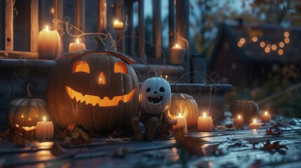 Fototapeta premium Spooky Halloween scene with carved pumpkins, candles, and a doll on a wooden porch at night.