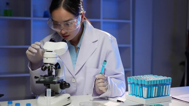 Asian scientist woman working with microscope in laboratory