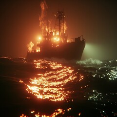 Fototapeta premium Stormy Night at Sea: Fishing Boat Battling Turbulent Waves in Misty Darkness. Cinematic Atmospheric Scene with Reflections and Wide-Angle View. Ideal for Marketing Campaigns and 4K Wallpapers.