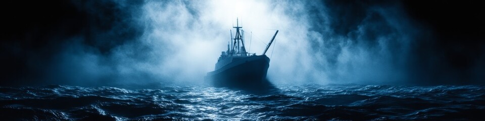 Obraz premium Stormy Night at Sea: Fishing Boat Battling Turbulent Waves in Misty Darkness. Cinematic Atmospheric Scene with Reflections and Wide-Angle View. Ideal for Marketing Campaigns and 4K Wallpapers.