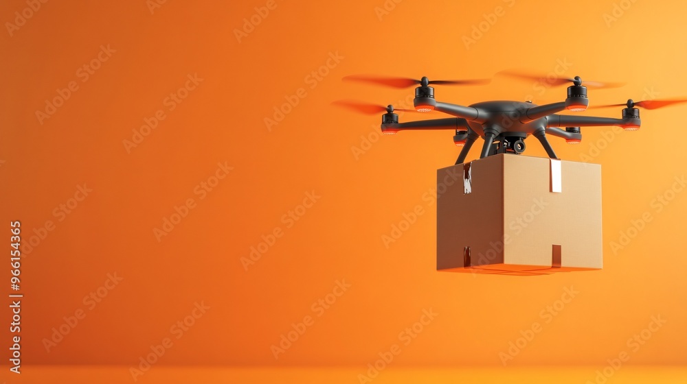 Poster 3D cartoon-style delivery drone hovering in mid-air carrying a package with propellers spinning isolated on a clean background Large space for text in center Stock Photo with copy space