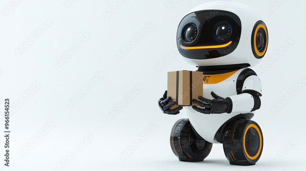 Poster Cartoon-style delivery robot with rounded features holding a package isolated on a white background Large space for text in center Stock Photo with copy space