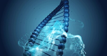 Animation of dna strand and mesh of glowing spots on dark background - Powered by Adobe