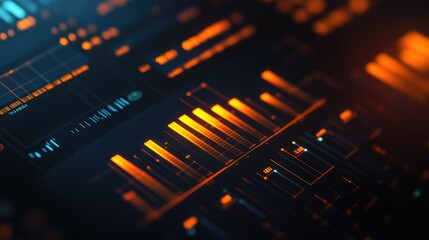 Obraz premium A close-up of a 3D bar graph on a financial dashboard, with each bar representing different categories and detailed data labels, highlighted by soft, ambient lighting.