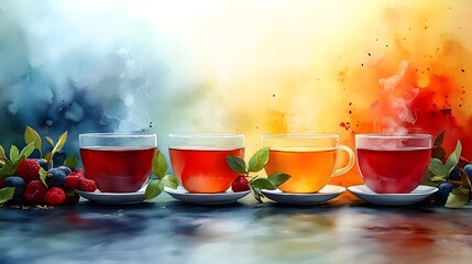 Watercolor of Aromatic Herbal Tea Brewing with Space for Text