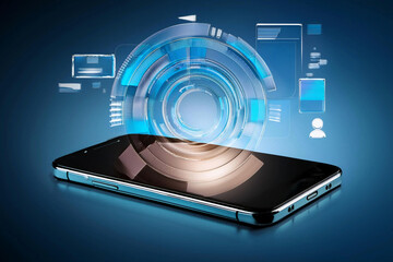 telefono celular movil recostado con pantalla negra y gráficos espectro azules