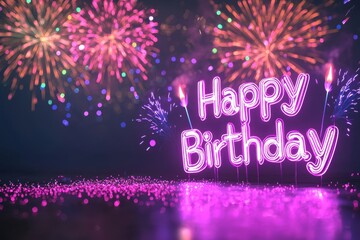 Colorful fireworks display with 'Happy Birthday' neon sign, celebration and party concept