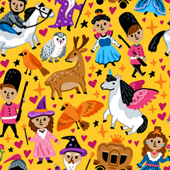 Bright children seamless vector pattern with fairy tale characters. Middle Ages magic legends Kingdom elements. Childish background. Princess, Knight, and unicorn, fairy, Wizard and Dragon