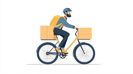 Fototapeta premium Cartoon-style bicycle courier with a delivery box on the back riding through a clean white background Large space for text in center Stock Photo with copy space