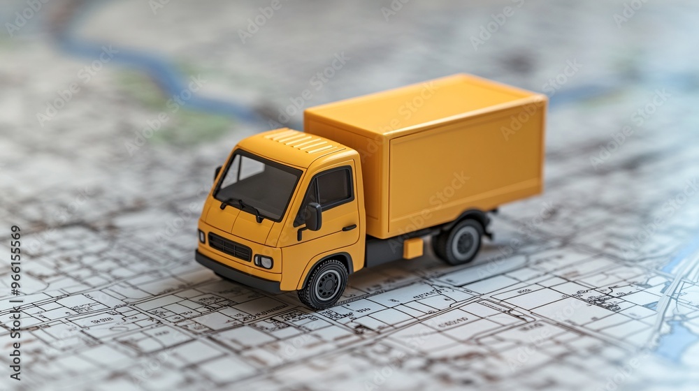 Poster 3D render of a cartoon-style app interface showing a transport and delivery map on a clean surface Large space for text in center Stock Photo with copy space