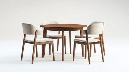 A stylish dining table and chairs, made of wood and fabric, are shown against a plain white backdrop. This set is perfect for a modern kitchen.