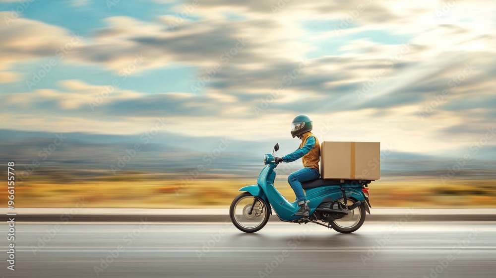 Poster Cartoon-style motorbike courier with a large delivery box speeding across a simple clean background Large space for text in center Stock Photo with copy space