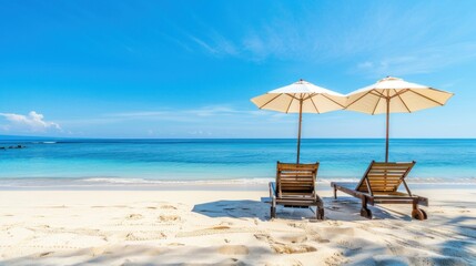 Obraz premium A beach scene with two umbrellas and two beach chairs