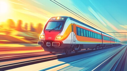 Cartoon-style passenger train with large windows and exaggerated features moving on a smooth clean surface Large space for text in center Stock Photo with copy space