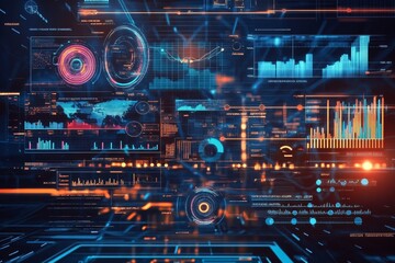 Abstract technological background with glowing digital data, lines, charts, and diagrams.