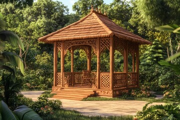 Naklejka premium a beautifully crafted wooden sukkah, adorned with intricate carvings and a thatched roof, set amidst a serene garden illustration