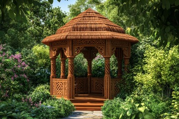 Naklejka premium a beautifully crafted wooden sukkah, adorned with intricate carvings and a thatched roof, set amidst a serene garden illustration