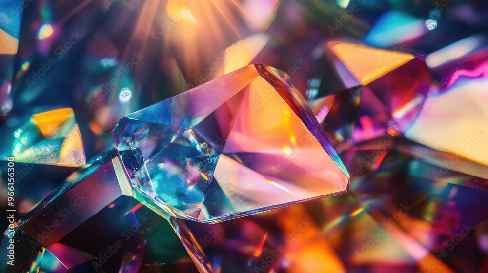 Poster a close-up of a colorful abstract pattern created by light reflections in a crystal prism, displayin