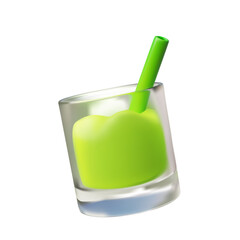 Vector 3D illustration depicting a green smoothie in a transparent glass with a straw.