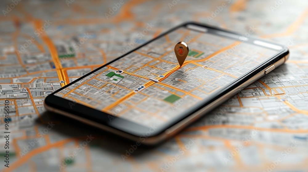 Poster Cartoon-style ride-hailing app interface displayed on a smartphone screen showing a route map on a clean background Large space for text in center Stock Photo with copy space