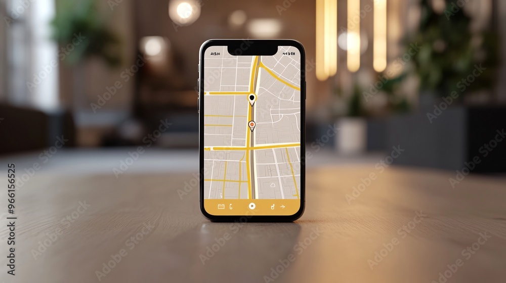 Aufkleber Cartoon-style ride-hailing app interface displayed on a smartphone screen showing a route map on a clean background Large space for text in center Stock Photo with copy space