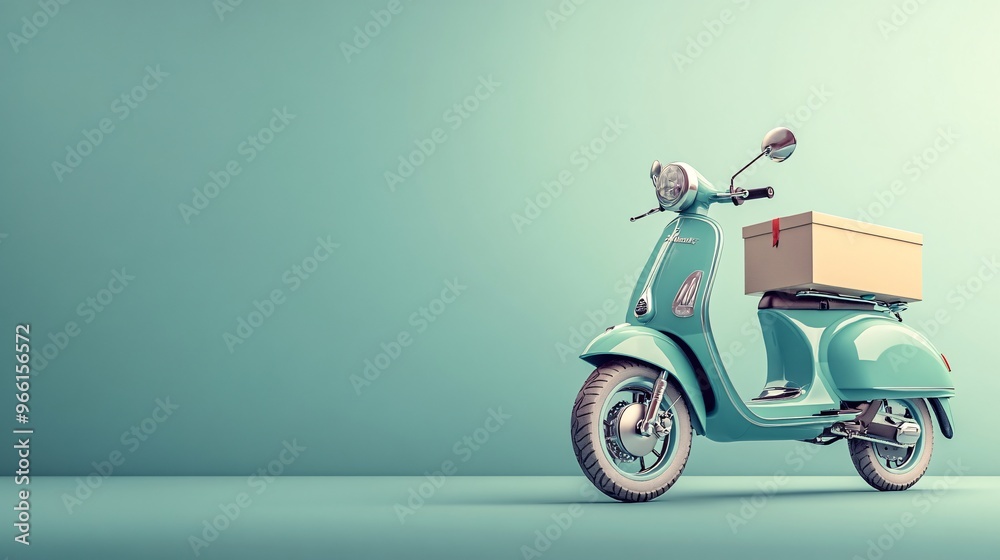 Poster Cartoon-style electric scooter with a delivery box attached to the back isolated on a simple clean background Large space for text in center Stock Photo with copy space
