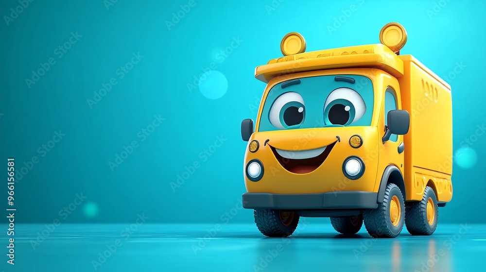 Poster 3D render of a cartoon-style delivery van with a smiling face on the front ready for service isolated on a clean background Large space for text in center Stock Photo with copy space