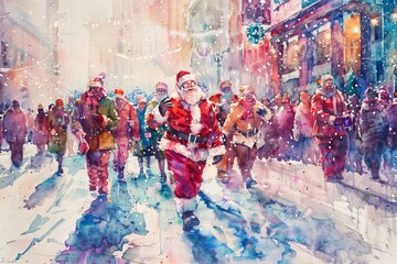 A watercolor painting of Santa Claus and people walking through a snowy, festive city street.